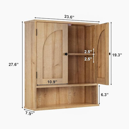 Medicine Cabinet, Over The Toilet Storage Cabinet, Bathroom Wall Storage Cabinet with Arched Doors & Adjustable Shelves, Wall Mounted Bathroom Cabinet for Kitchen, Laundry Room, Living Room,Natural