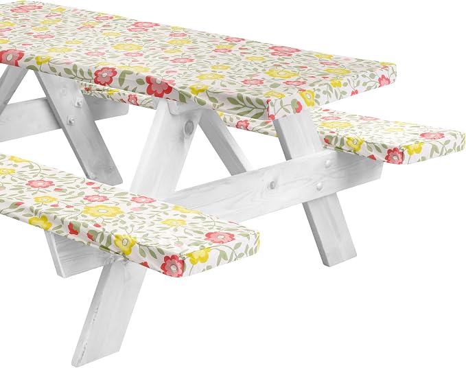LINPRO 6ft Picnic Table Cover with Bench Covers Vinyl Fitted Picnic Table Covers with Elastic Camping Essentials and Picnic Tablecloth and RV Accessories