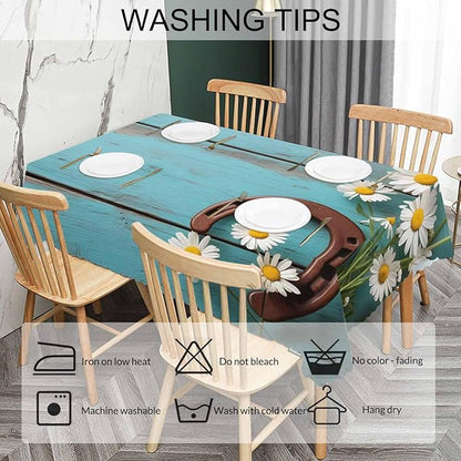 Daisy Dinner Table Cloths Rustic Wooden Horseshoe Daisy Decorative Tablecloth for Rectangle Tables 52"X70", Heavy Duty Table Covers Tablecloths for Kitchen Patio Banquet