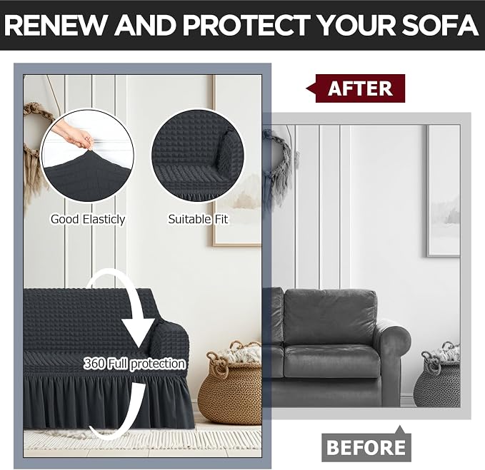 Fanfanwin 3 Pcs Sofa Slipcover Set for Couch Cushion Durable Washable High Elastic Stretchable Furniture Couch Covers with Skirt for Sofa Loveseat Arm Chair(Dark Gray,Seersucker)