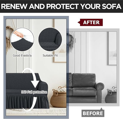 Fanfanwin 3 Pcs Sofa Slipcover Set for Couch Cushion Durable Washable High Elastic Stretchable Furniture Couch Covers with Skirt for Sofa Loveseat Arm Chair(Dark Gray,Seersucker)