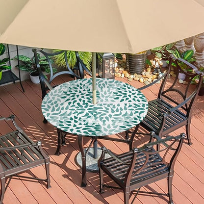 Fitted Round Tablecloth with Umbrella Hole and Zipper Abstract Nature Outdoor Elastic Table Cloth 36"-44" Oil-Proof Waterproof Green Nature Patio Table Cover for Picnic Party