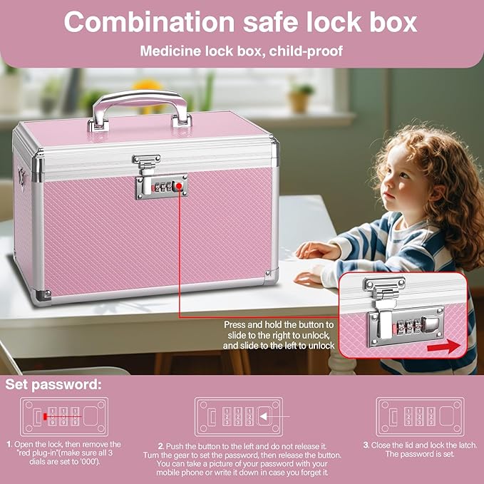 Medicine Lock Box with Combination Lock - 13.4 x 7.6 x 8.2 Inches - First Aid Safe Medication Storage Box, Medications and Personal Items, Safe Boxes for Home and Outdoor - Pink