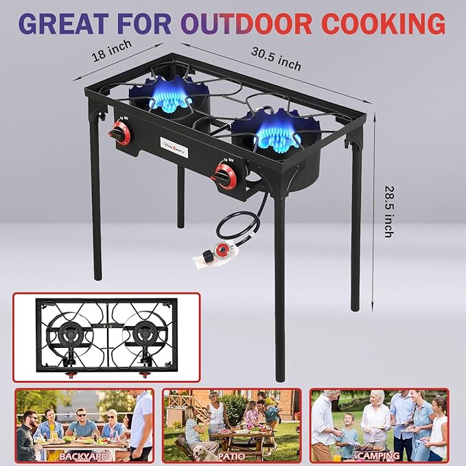 VIVICREATE Propane Grill 2 Burner Outdoor Propane Stove Portable Gas Grill High Pressure Camping Stove Double Burner Cooker for Camping Backyard BBQ Outdoor Cooking