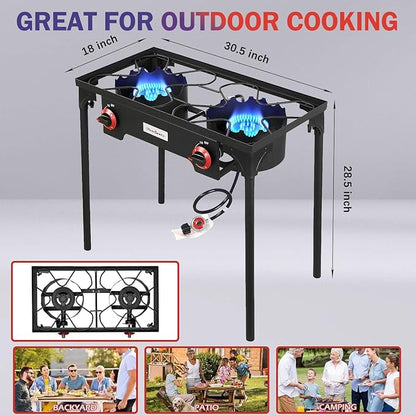 VIVICREATE Propane Grill 2 Burner Outdoor Propane Stove Portable Gas Grill High Pressure Camping Stove Double Burner Cooker for Camping Backyard BBQ Outdoor Cooking