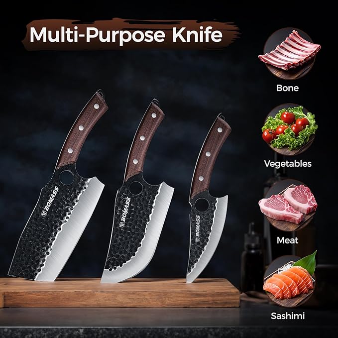 Meat Cleaver Butcher Knife Set, Hand Forged Japanese Knives Set of 3, High Carbon Kitchen Knife & Serbian Chef Knife & Boning Kni fe for Meat Cutting, Outdoor Cooking BBQ Camping Gift for Men