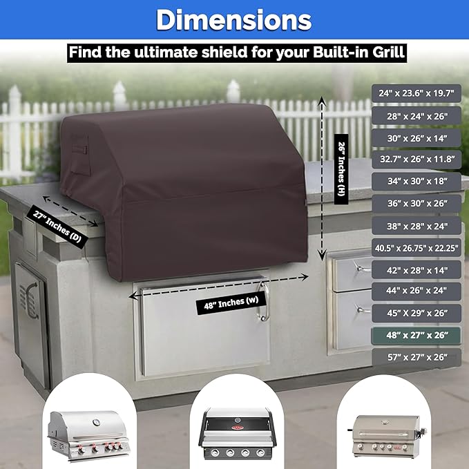 Covers & All Built-in Grill Cover for Outdoor Grill – Heavy Duty 12 oz Waterproof Built-in BBQ Grill Cover, PVC-Coated Polyester with Elastic Hem for Snug Fit (44 x 27 x 26 inches, Coffee)