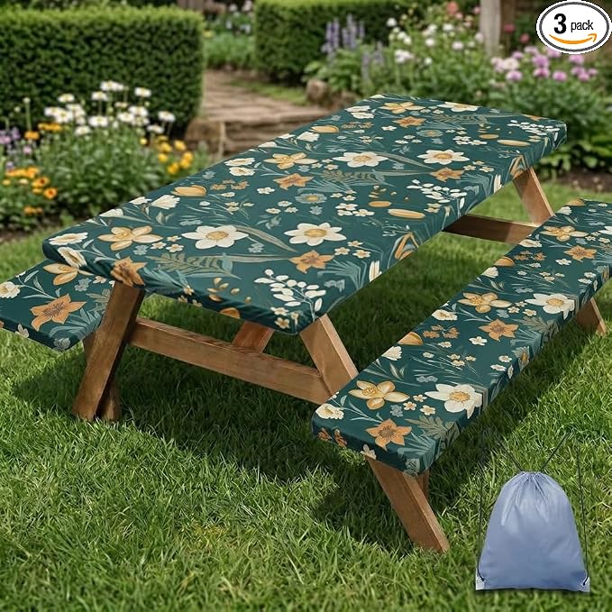 Picnic Table Cover with Bench Covers Elastic Edges, Floral Botanical Camper Fitted Table Cover, Outdoor Camping Essentials 72 Inch 3PCS, Waterproof Camping Fitted Tablecloth with Drawstring Bag
