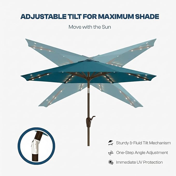 10FT Solar Patio Umbrella with Lights, Outdoor Table Market Umbrella with 32 LED Lights, 8 Sturdy Ribs, Push Button Tilt and Crank for Pool, Deck and Garden, UV-Resistant