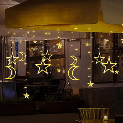 138 LED Ramadan Decorations Light Solar Moon Star Lights String Light Outdoor Waterproof Solar Powered Curtain Lights with 8 Modes Ramadan Hanging Decor for Patio (Warm White)