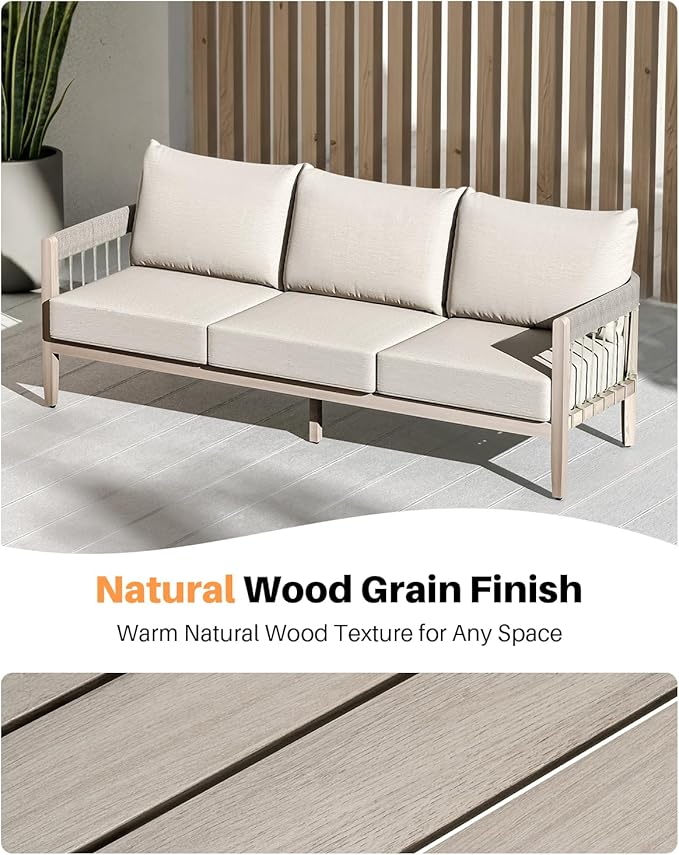 3-Seater Outdoor Aluminum Sofa, Never-Rust Patio Sofa Couch with Faux Wood Grain Finish Frame, Rope Weave Outdoor Sofa with Extra Thick Cushions, Outdoor Patio Couch for Deck, Porch, Garden