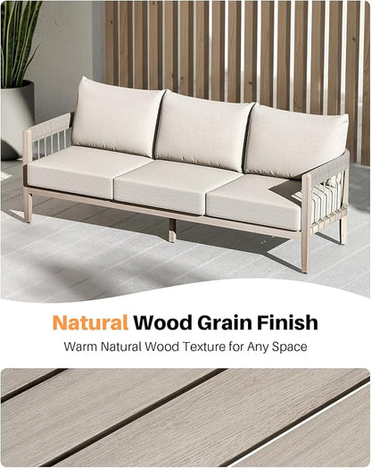 3-Seater Outdoor Aluminum Sofa, Never-Rust Patio Sofa Couch with Faux Wood Grain Finish Frame, Rope Weave Outdoor Sofa with Extra Thick Cushions, Outdoor Patio Couch for Deck, Porch, Garden