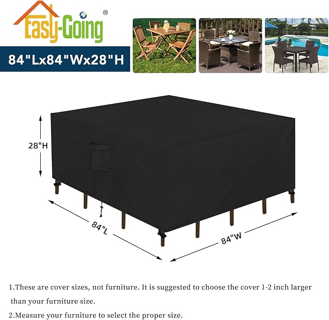 Easy-Going Square Patio Furniture Cover Waterproof Outdoor Dining Table and Chair Cover Anti-UV Outside Sectional Sofa Set Covers (84"L x 84"W x 28"H, Black)