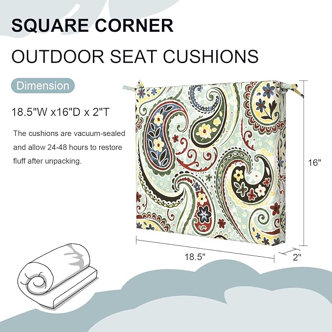 DYTXIII Set of 4 Outdoor Chair Cushions, Water Resistant 18.5"x16"x2" Square Seat Cushion for Patio Dining Chairs, High-Density Replacement Pads for Indoor Outdoor Furniture - Paisley Lightcyan