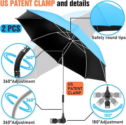 2 PACK Beach Umbrella with Clamp, 360 ° Adjustable Umbrellas for Chair, UPF50+ Umbrella for Beach Chair, Patio Chair, Wheelchair, Camping Chair, Golf Carts (Chair Not Included)
