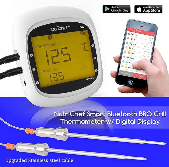 NutriChef Wireless Bluetooth BBQ Digital Thermometer - Upgraded Stainless Smart Dual Grill Probes w/ Remote Alert, Safe to Use in Outdoor Barbecue Meat Smoker, Works w/ iOS Android Phone - NutriChef