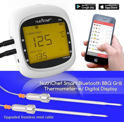 NutriChef Wireless Bluetooth BBQ Digital Thermometer - Upgraded Stainless Smart Dual Grill Probes w/ Remote Alert, Safe to Use in Outdoor Barbecue Meat Smoker, Works w/ iOS Android Phone - NutriChef