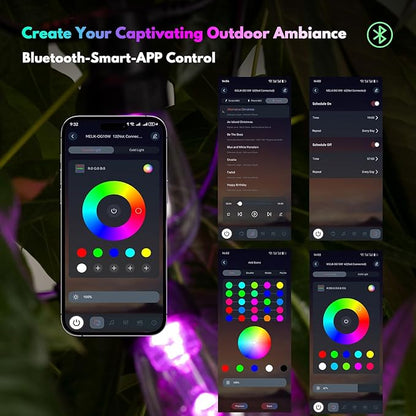 BBG Outdoor String Lights 50FT RGBW - 2700K Patio Lights Outdoor Waterproof, 24V Stable Power System, 20 Shatterproof Bulbs, Dimmable, APP & Remote Control, Linkable, Music Sync, Timer for Backyard