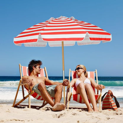 AMMSUN 7.5ft Heavy Duty HIGH Wind Beach Umbrella Commercial Grade Patio Beach Umbrella with Air Vent Ash Wood Pole & Carry Bag UPF50+ Protection Red White