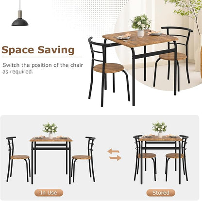 VECELO 3-Piece Dining Table Set for Kitchen Breakfast Nook, Wood Grain Square Tabletop and Metal Frame, for Small Spaces, Vintage Brown