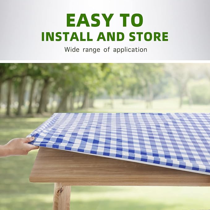UMINEUX Rectangle Picnic Table Cover with Bench Covers, Fitted Vinyl Tablecloth for 6 FT Tables, Waterproof, Flannel Backing, Elastic Edge (30 x 72 Inch, Blue Plaid)