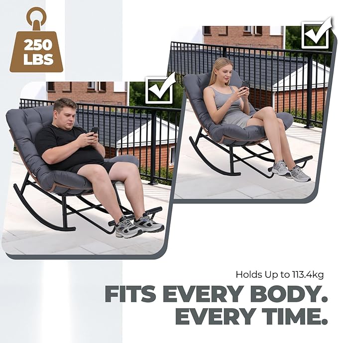 COMHOMA Outdoor Rocking Papasan Chair, Oversized Wicker Patio Rocker, Indoor Comfy Wicker Reading Lounge, Bed-Like Comfort Egg Chair for Bedroom,Balcony, Porch, Garden, Grey