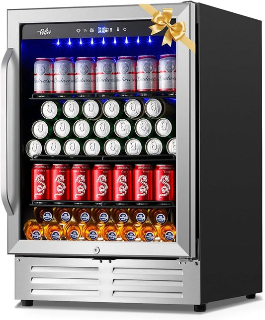 24 Inch Beverage Refrigerator Cooler,210 Cans Wide Beverage and Beer Fridge with Glass Door and Powerful Cooling Compressor, Built-in/Freestanding Drink Fridge for Kitchen, Bar or Office