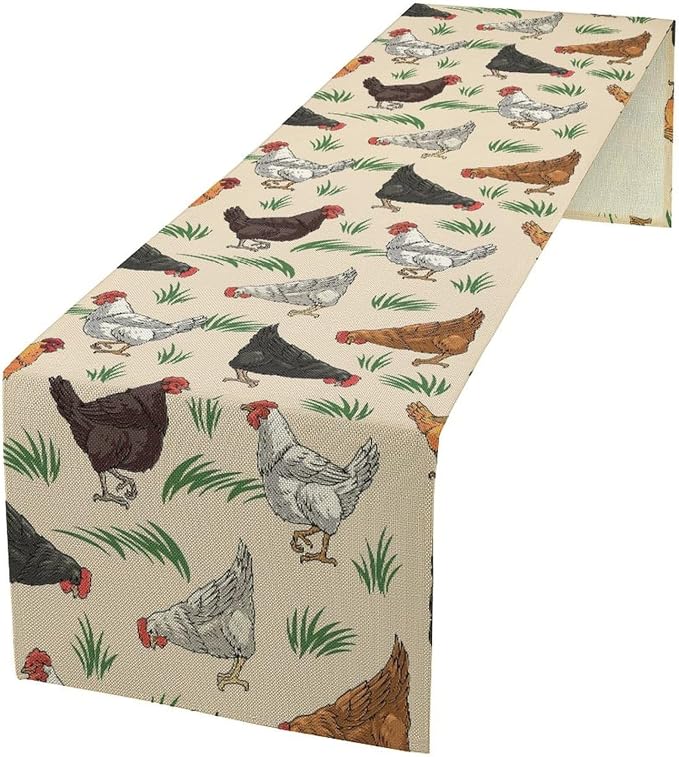 Chicken Hen Table Runner, Black White Eggs Plaid Polka Dots Farm Kitchen Dining Table Home Kitchen Dining Table Indoor Outdoor Farmhouse Decor 13x120 Inch