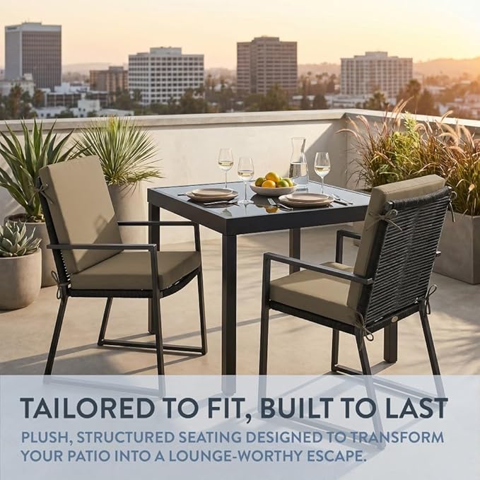 California Umbrella Outdoor Dining Chair, Set of 2 Patio Seat Cushions, 20 x 40 Inch, Premium Outdoor Memory Foam, Fade Resistant, Sunbrella Fabric, Fabric Ties, Heather Beige