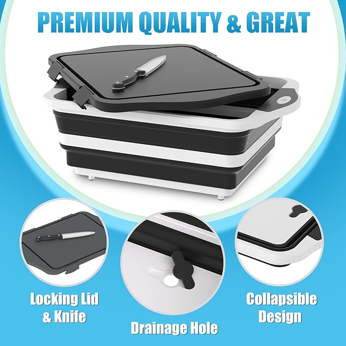 HI NINGER BBQ Prep Tub with Lid, Collapsible Camping Sink with Colander, Cutting Board & Knife Set for Grilling, Smoking & Outdoor Cooking, Collapsible Wash Basin for RV Camping Essentials