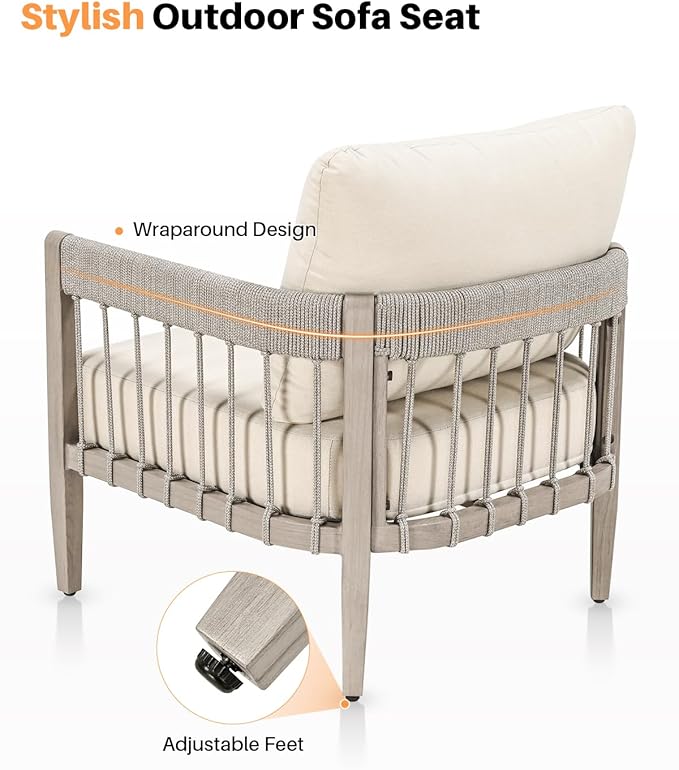 Patio Sofa Chairs Set of 2, Never-Rust Aluminum Outdoor Armchairs with Faux Wood Grain Finish, 2 Pieces Rope Weave Outdoor Sofa Chairs with Removable Cushions for Garden, Backyard, Deck