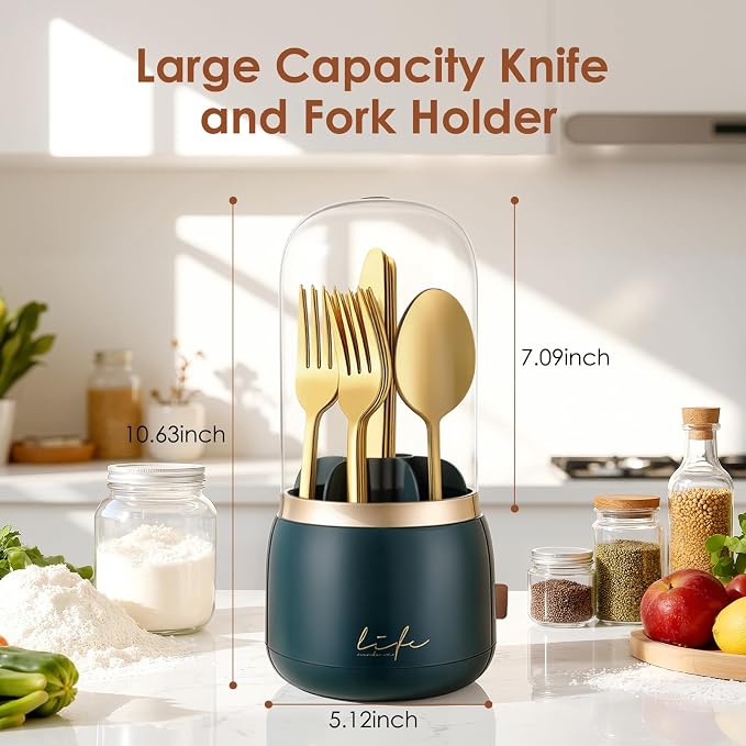 EXIN DECHEN Silverware Organizer with Lid,Cutlery Holder,Green with Gold | Waterproof and Dustproof,360°Rotating,Store Knives Forks Spoons Chopsticks for Kitchen Counter,Table,Party,Outdoor Camping,Rv