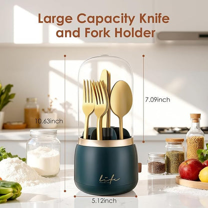 EXIN DECHEN Silverware Organizer with Lid,Cutlery Holder,Green with Gold | Waterproof and Dustproof,360°Rotating,Store Knives Forks Spoons Chopsticks for Kitchen Counter,Table,Party,Outdoor Camping,Rv