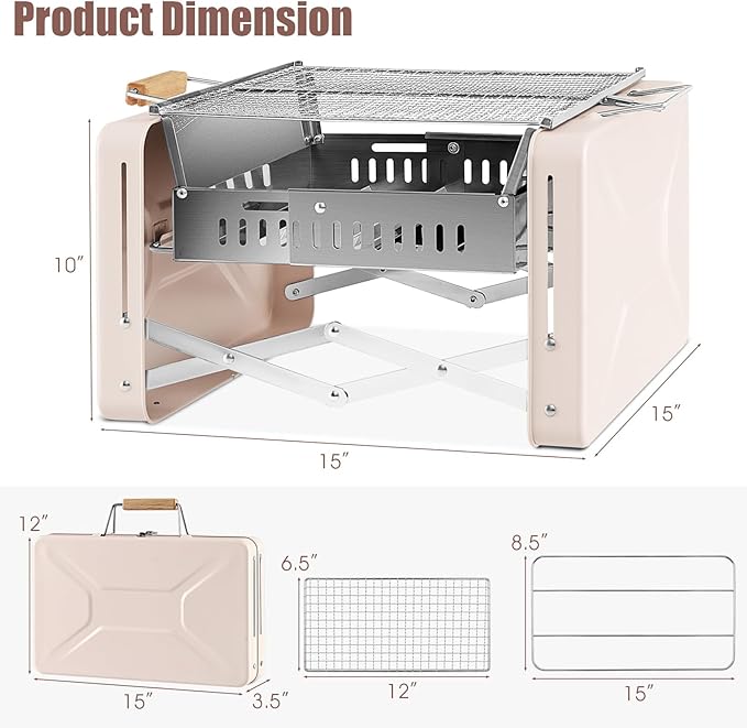 HAPPYGRILL Portable Folding Charcoal Grill, Outdoor Mini BBQ Grill with 2 Stainless Steel Grill Nets, Charcoal Box & Insulated Rubber Wood Handle, Tabletop Charcoal Grill for Camping, Travel & Picnic
