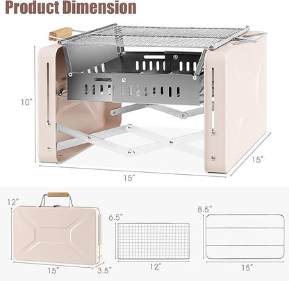HAPPYGRILL Portable Folding Charcoal Grill, Outdoor Mini BBQ Grill with 2 Stainless Steel Grill Nets, Charcoal Box & Insulated Rubber Wood Handle, Tabletop Charcoal Grill for Camping, Travel & Picnic