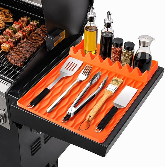 Blackstone Silicone Grill Mat BBQ Griddle Tool Mat Heat Resistant Spatula Mat with Drip Pad Side Mat for Blackstone Griddles Accessories Outdoor Kitchen Grills Countertop Protector Organizer (Orange)