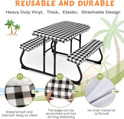 Moukeren 3 Pieces Picnic Table Cover for Kids with Bench Covers Fitted Tablecloth for Outdoors Vinyl Waterproof Cloth for Camping Home Goods Indoor Outdoor Patio BBQ(Black, White)