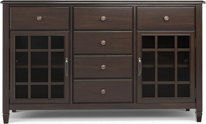 SIMPLIHOME Connaught 60" Wide Solid Wood 3-Door Buffet in Chestnut Brown | Traditional sideboard with adjustable shelves and classic molding for dining rooms; buffet, credenza or server.