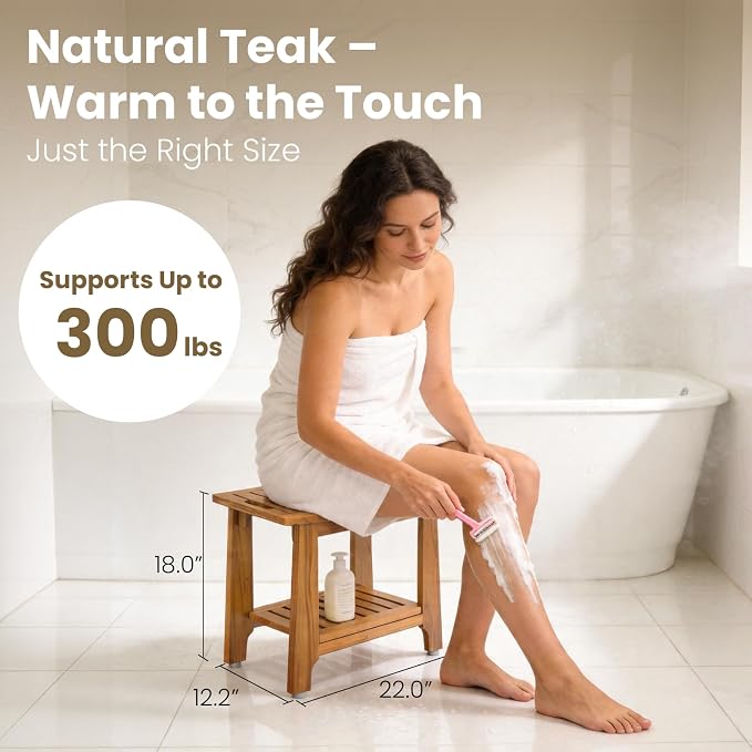 NNN 24" Home Teak Shower Bench with Japan-Made Non-Slip Leveling Feet | US Patented Design, Marine-Grade Hardware, Pre-Oiled European Teak Oil, Ready, 300lb, for Showers Spa Sauna & Outdoor Pools
