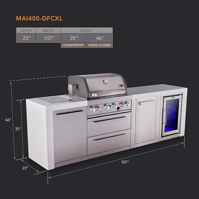 Mont Alpi Premium 107"W Deluxe Stainless Steel Modular Outdoor Kitchen Island with Refrigerator + Side Burner + 32"W 4-Burner BBQ Gas Grill + White Granite Countertops + Storage Cabinets and Drawers