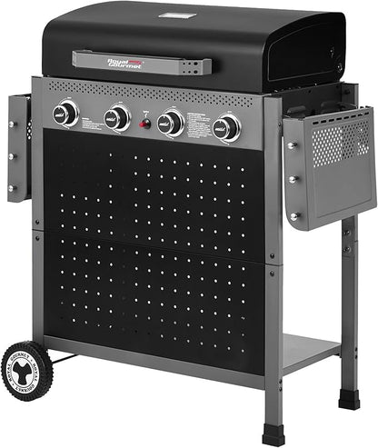 Royal Gourmet GL4001 4-Burner Gas Grill with Pegboard, 500 Sq. In. Cooking Area, 26,000 BTU, Foldable Side Shelves with Hooks, Ideal for Backyard and Patio, Black & Cool Gray