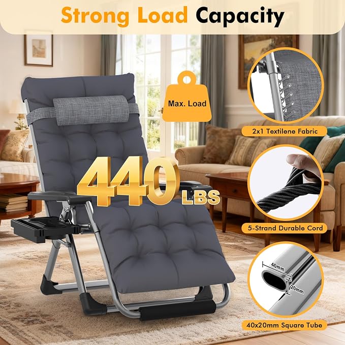 Slendor Oversized Zero Gravity Chairs XL, 29in Recliner Chair, Dark Grey | Reclining Lounge Chair, Folding Anti Gravity Chairs w/Aluminum Alloy Lock, Removable Cushion&Headrest, 440lbs, for Lawn Patio
