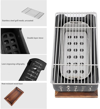 Fockety Japanese BBQ Grill, Charcoal Portable Barbecue Stove, Aluminum Alloy Hibachi Grill Charcoal Stove Yakitori Grill, Rectangle Calligraphy Quick Heating Wire Grill Base for