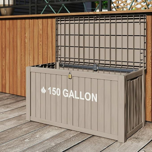 FEFLO 150 Gallon Waterproof Resin Outdoor Storage Box, Lockable & UV Resistant Patio Deck Boxes, Outside Storage for Patio Cushions, Pool Toys, Garden Tools & Package Delivery, Brown