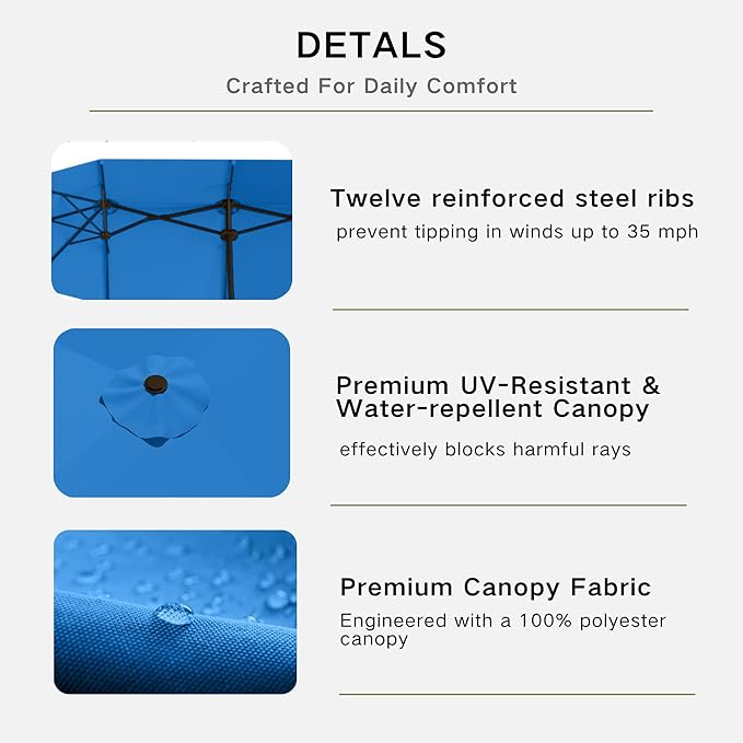 Kingdura 15ft Large Patio Umbrella with Base Included, Double-Sided Rectangle Outdoor Table Umbrella with 12 Reinforced Ribs, Crank Lift for Market Pool Deck Backyard, Royal blue