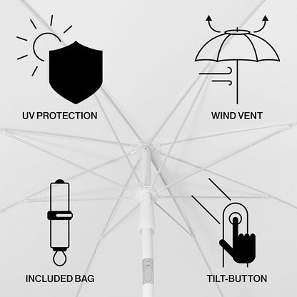 JONATHAN Y Mariner 6.5 ft. Solid Fringe Beach Umbrella, White/Black | Push-Button Tilt, UV 50 Protection, Matching Carry Bag, Iron Pole, Wind Vent, Scalloped Round Canopy