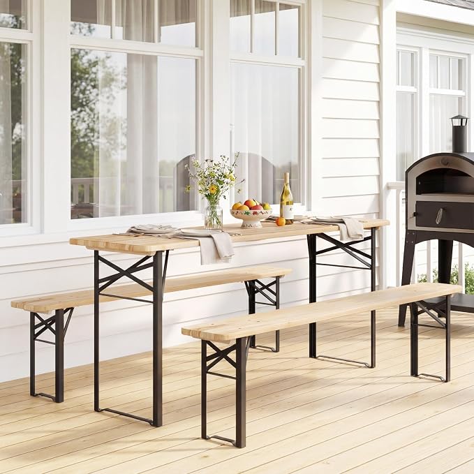 GIANTEX 70 Inch Folding Picnic Tables with Benches Set, Solid Wood Camping Beer Table Bench Set with Metal Frame, 3-Piece Portable Patio Dining Furniture, Indoor & Outdoor Folding Table and Chairs