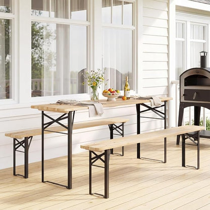 GIANTEX 70 Inch Folding Picnic Tables with Benches Set, Solid Wood Camping Beer Table Bench Set with Metal Frame, 3-Piece Portable Patio Dining Furniture, Indoor & Outdoor Folding Table and Chairs