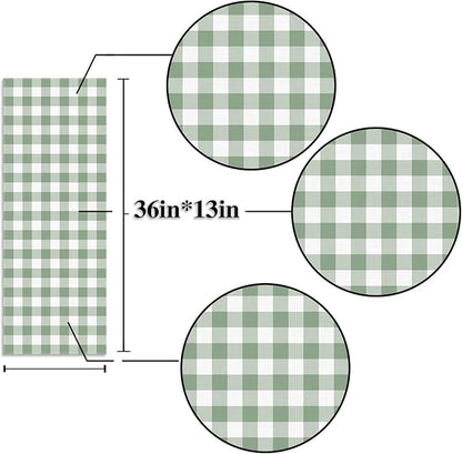 Sage Green Gingham Party Table Runner Green and White Checkered Plaid Decorations for Birthday Bridal Baby Shower Home Dining Kitchen Island Decor (13" x 36")