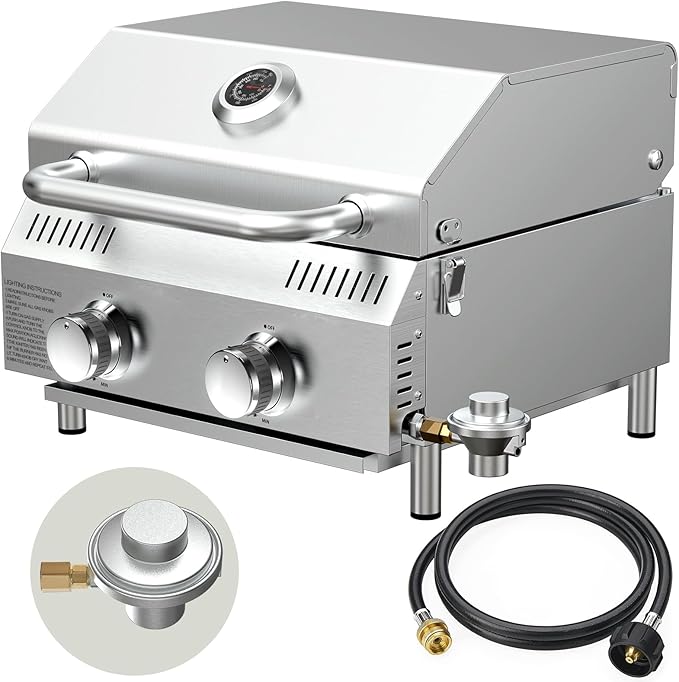Bestfire 2-Burner Tabletop Propane Gas Grill, Dual Connections, 20,000 BTU Stainless Steel Portable Grill, Fits Large Gas Cylinders/Small Canisters, for Camping, RV, Outdoor BBQ